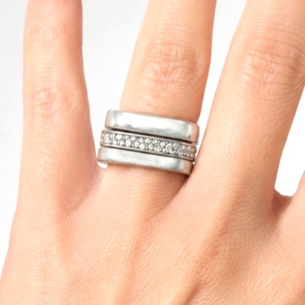 Stackable Triple Band-Rhinestone Heavy Square Silver Tone Ring size 8  R-TN45